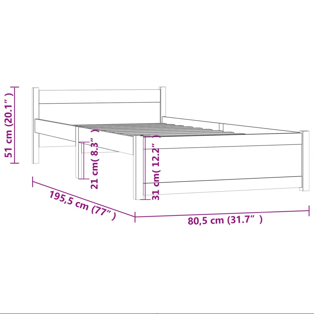 Cadru de pat mic single, gri, 75x190 cm, lemn masiv