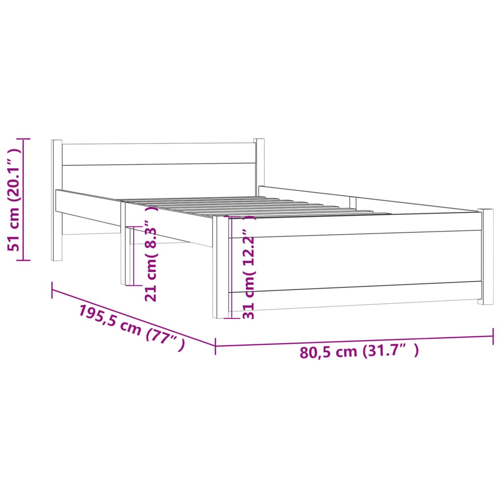 Cadru de pat mic single, maro miere, 75x190 cm, lemn masiv