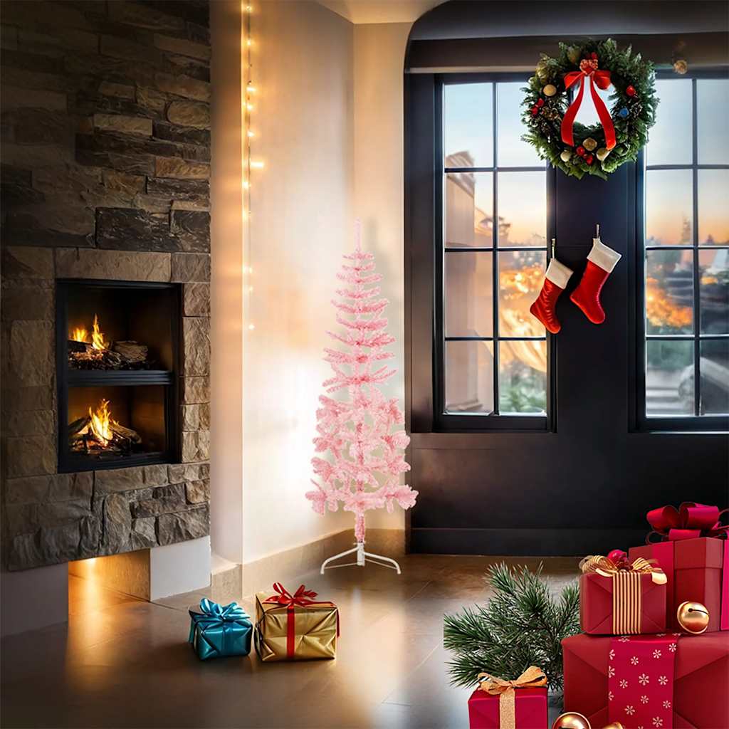 vidaXL Kunstkerstboom half met standaard smal 120 cm roze afbeelding