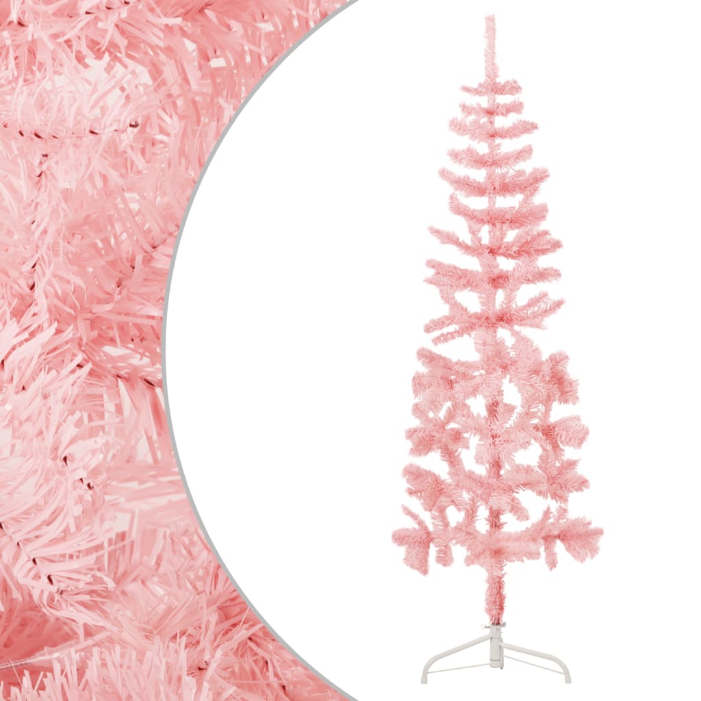 vidaXL Jumătate brad de Crăciun subțire cu suport, roz, 120 cm