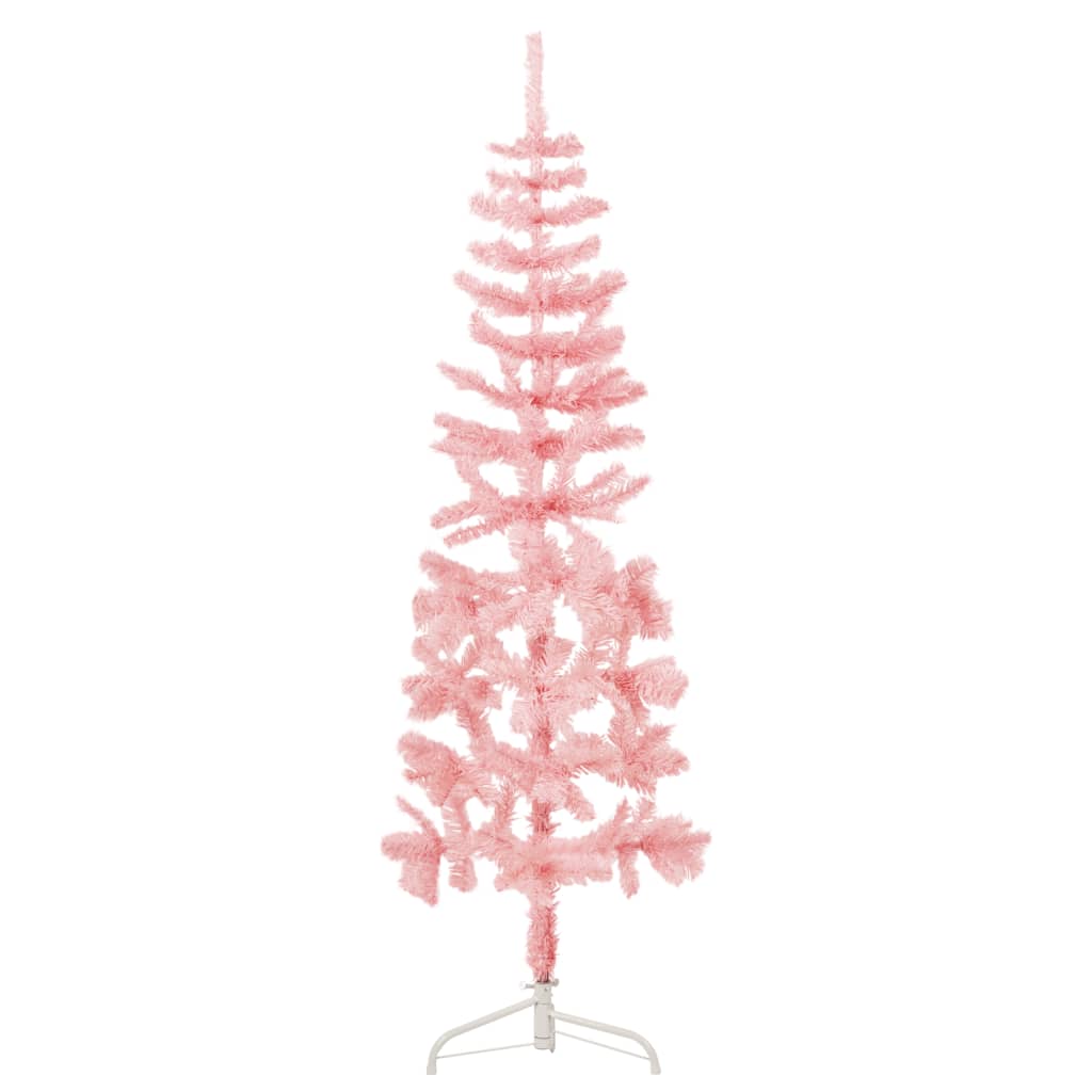 vidaXL Jumătate brad de Crăciun subțire cu suport, roz, 150 cm
