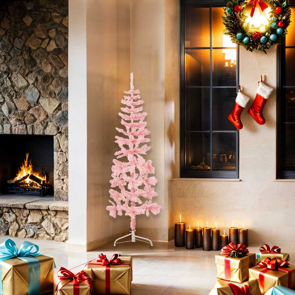 vidaXL Kunstkerstboom half met standaard smal 150 cm roze afbeelding