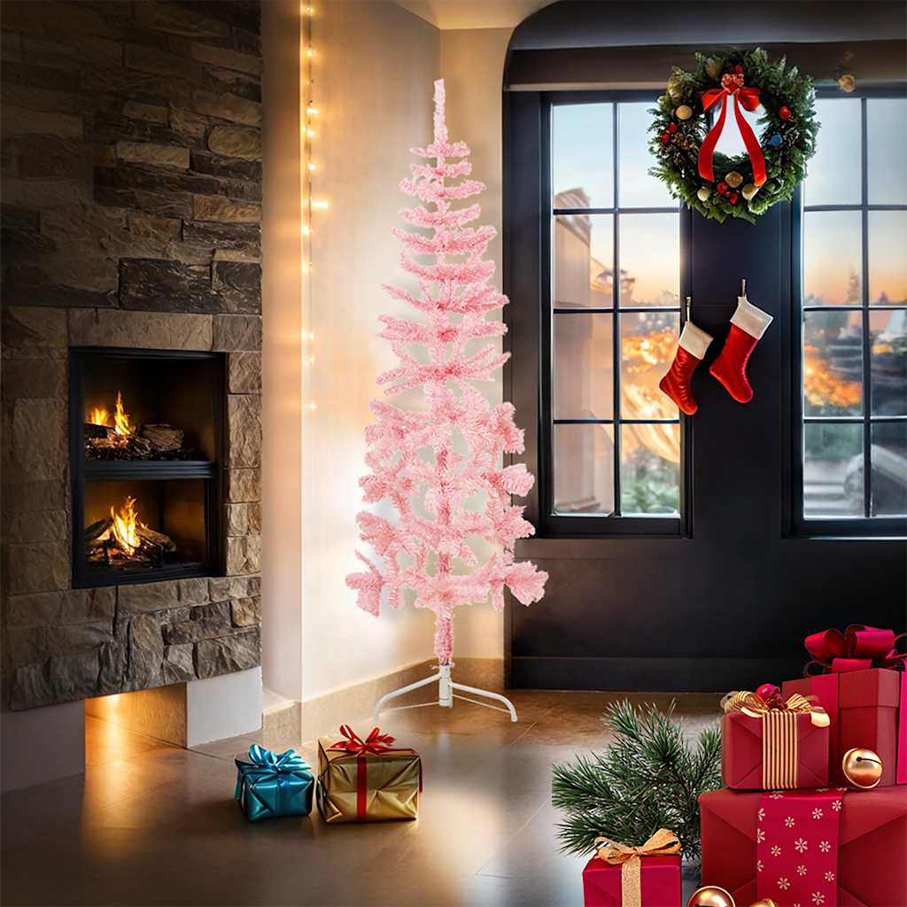 vidaXL Kunstkerstboom half met standaard smal 180 cm roze afbeelding
