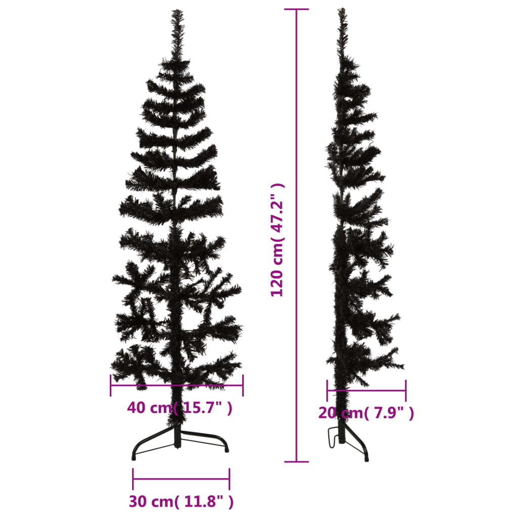 Smukła choinka połówka ze stojakiem, sztuczna, czarna, 120 cm