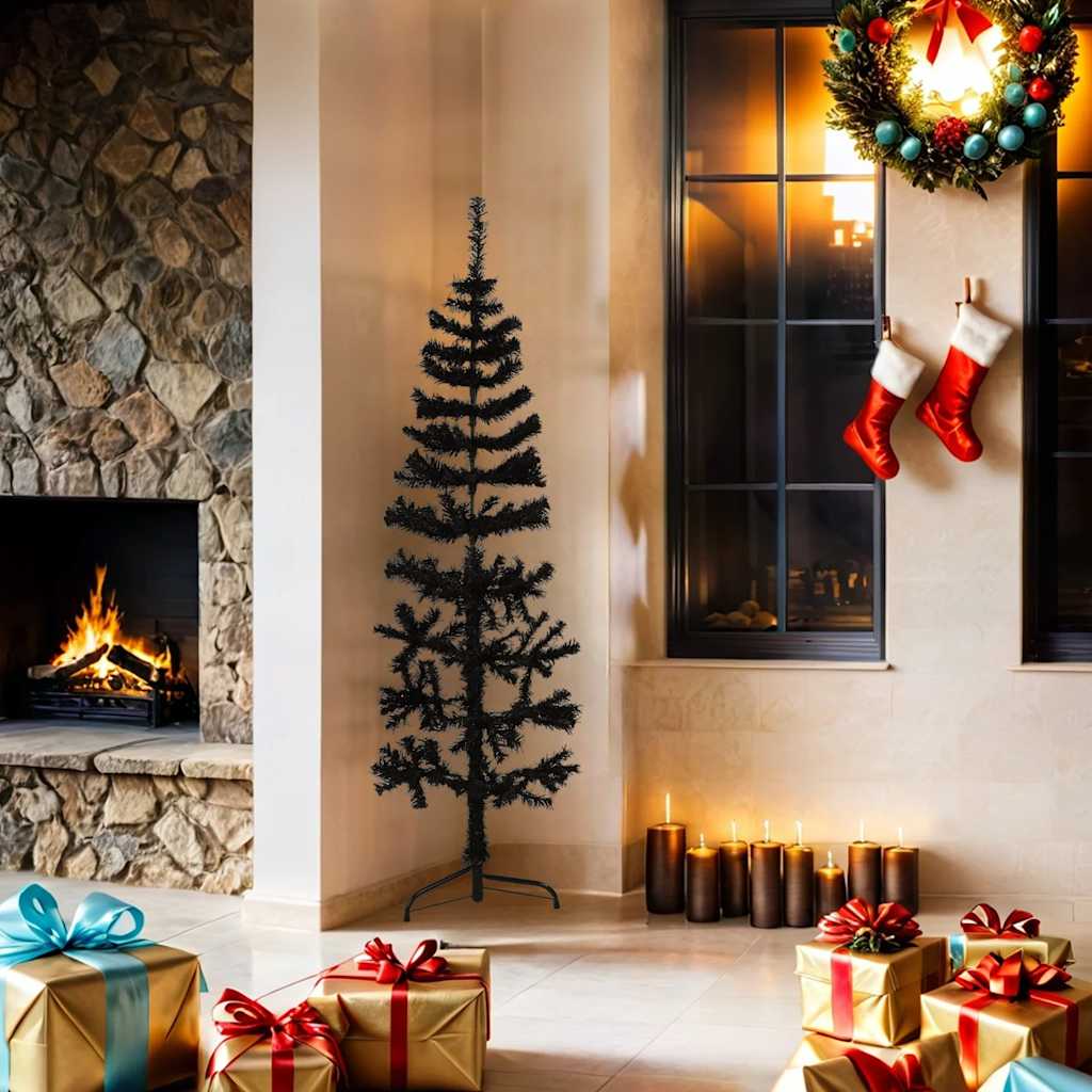 vidaXL Kunstkerstboom half met standaard smal 150 cm zwart afbeelding