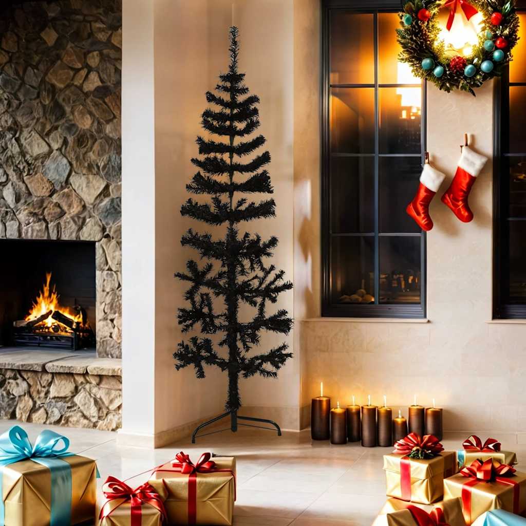 vidaXL Kunstkerstboom half met standaard smal 180 cm zwart afbeelding