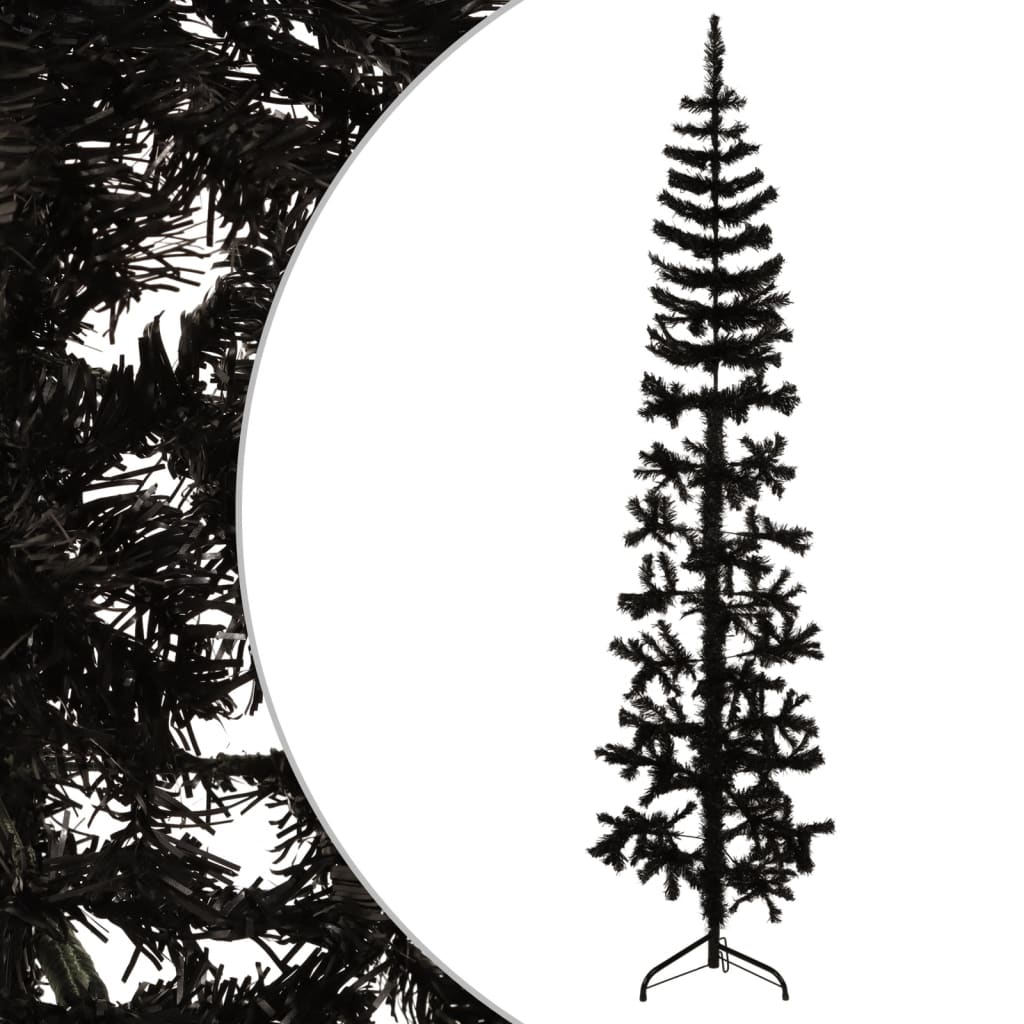 vidaXL Jumătate brad de Crăciun subțire cu suport, negru, 210 cm