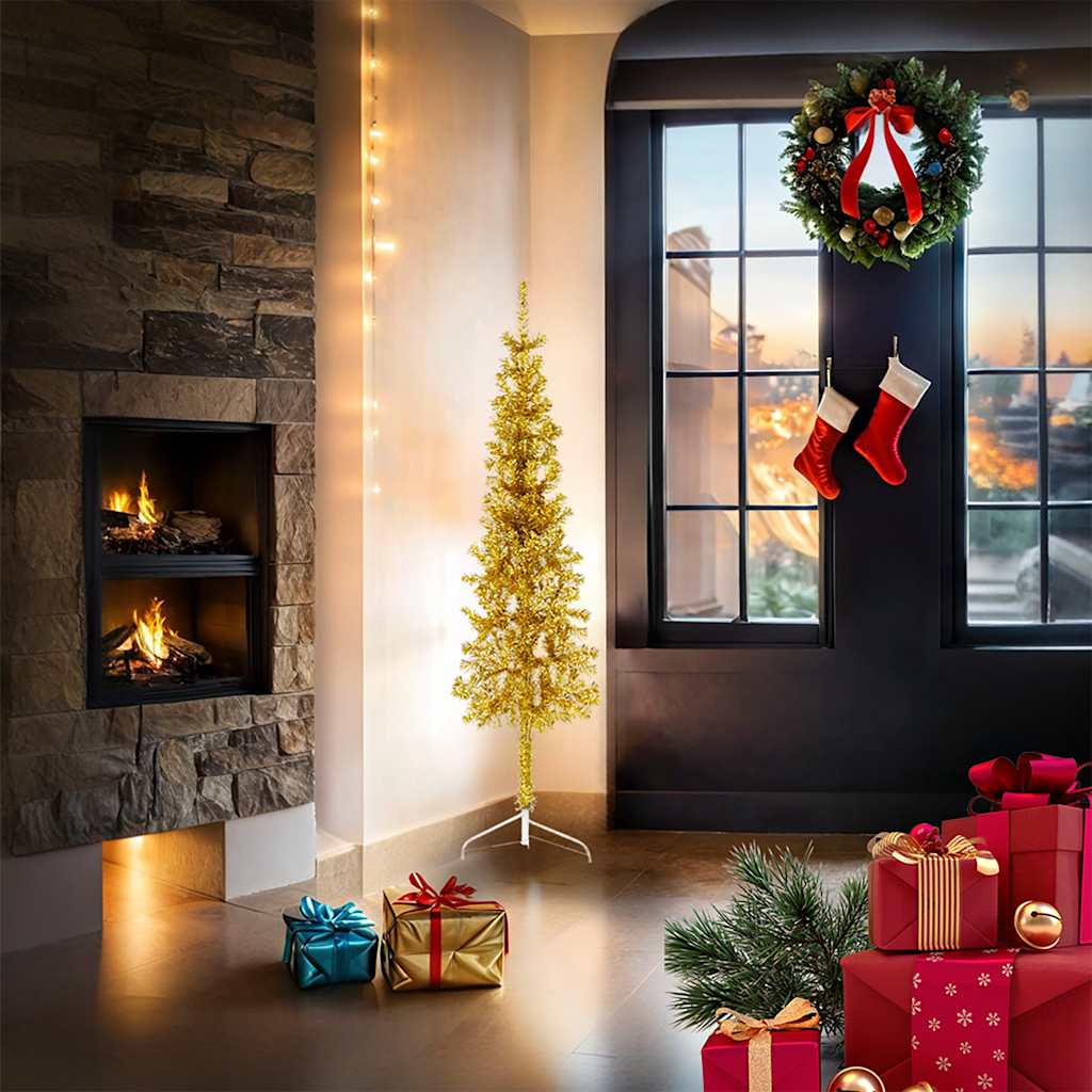 vidaXL Kunstkerstboom half met standaard smal 150 cm goudkleurig afbeelding