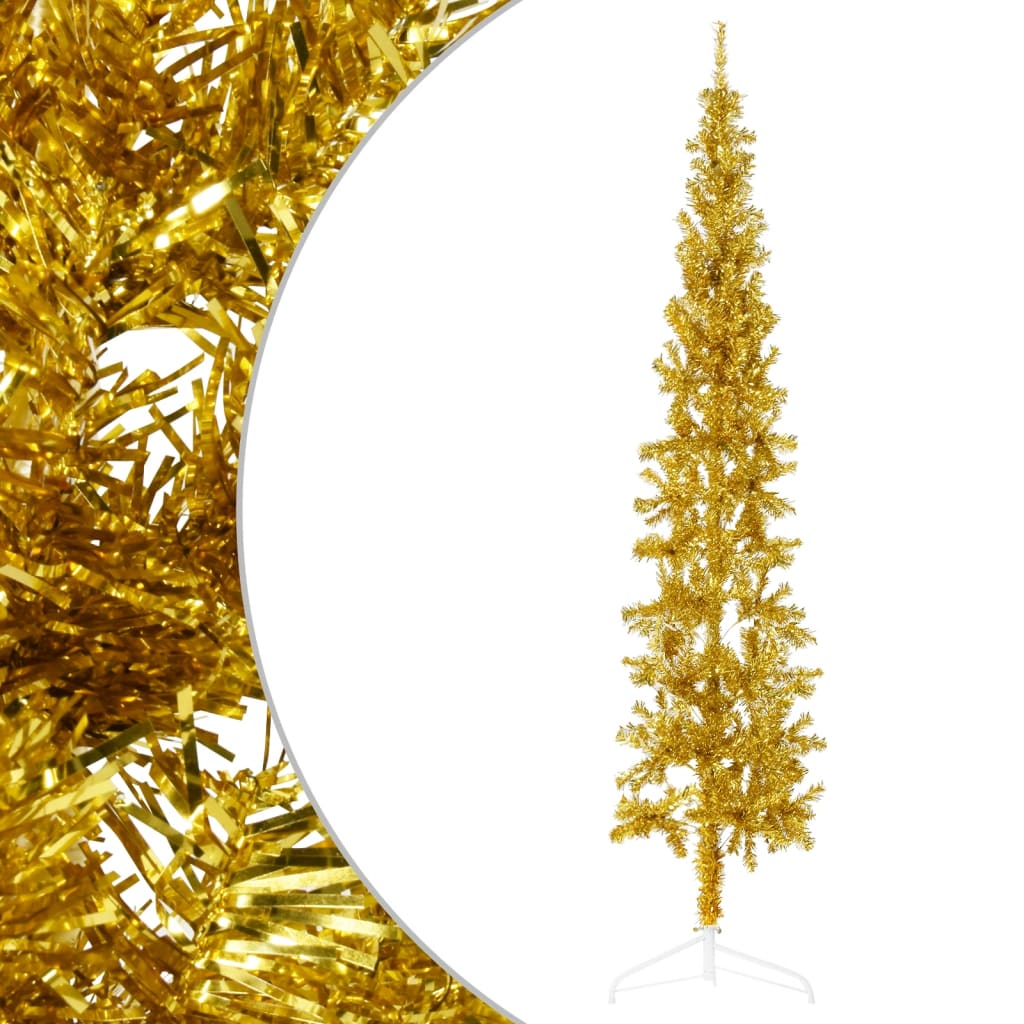 vidaXL kunstigt halvt juletræ med juletræsfod 240 cm smalt guldfarvet
