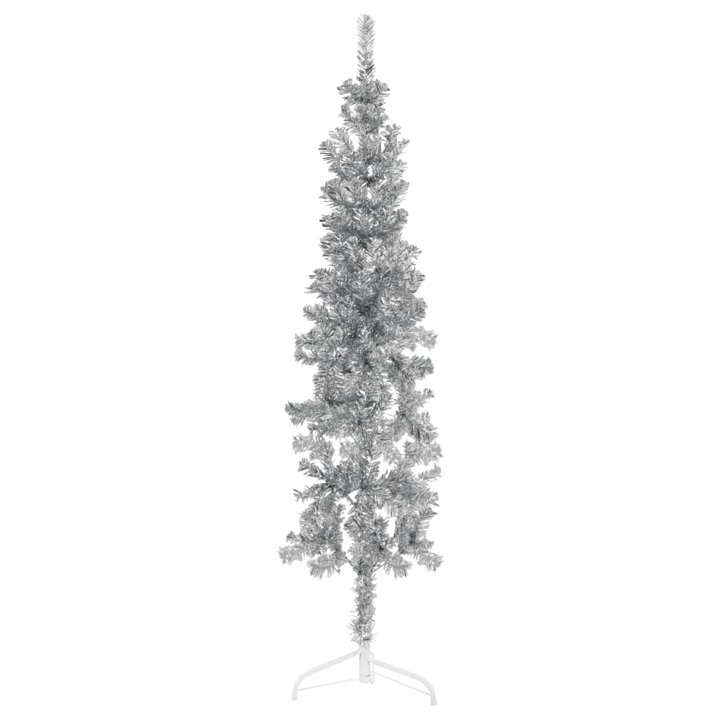 Petrashop  Úzký umělý poloviční vánoční stromek se stojanem stříbrný 150cm