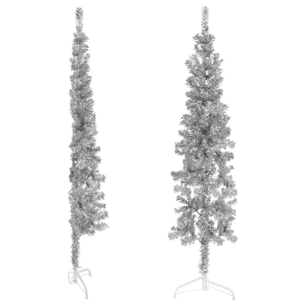 vidaXL Jumătate brad de Crăciun subțire cu suport, argintiu, 180 cm