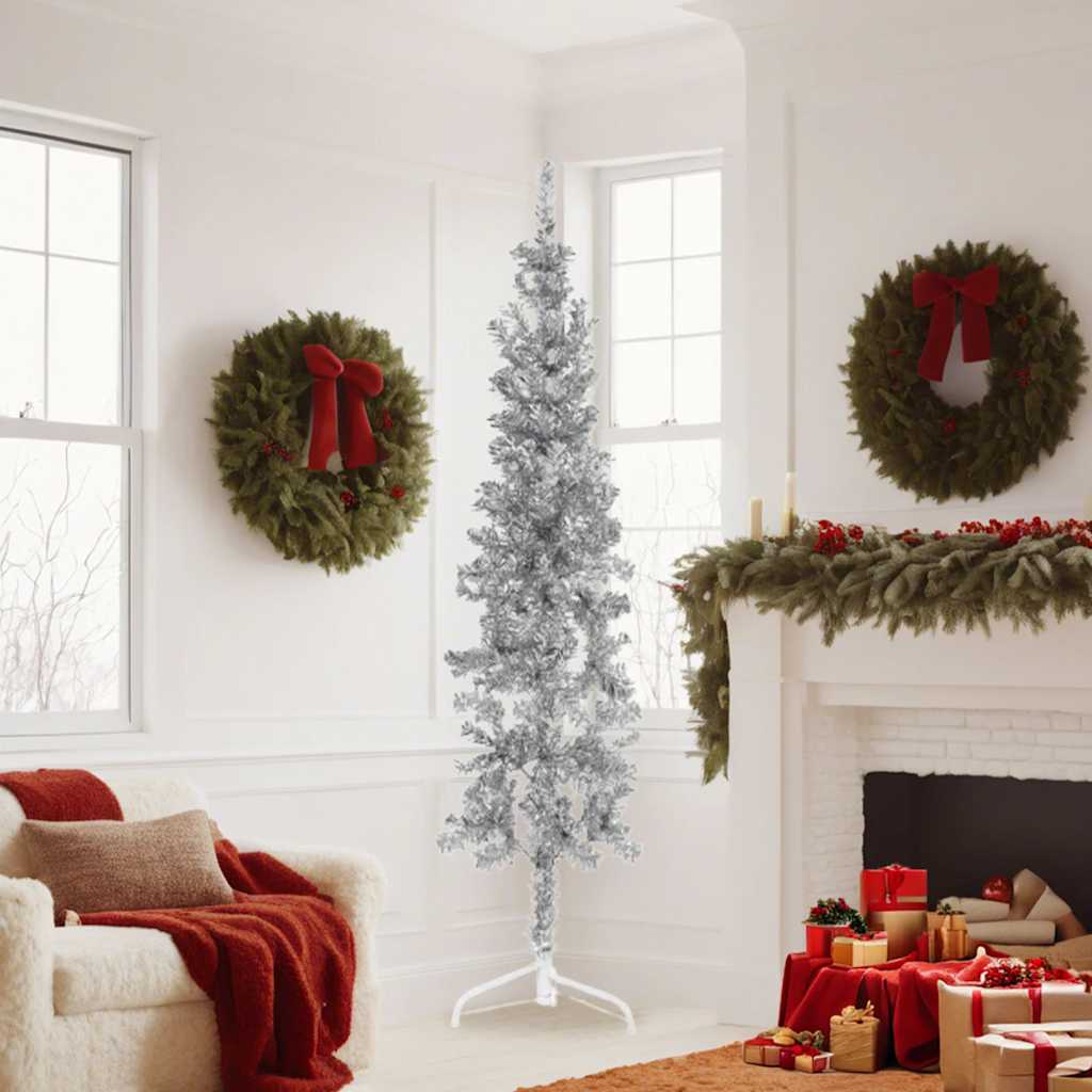 vidaXL Kunstkerstboom half met standaard smal 180 cm zilverkleurig afbeelding