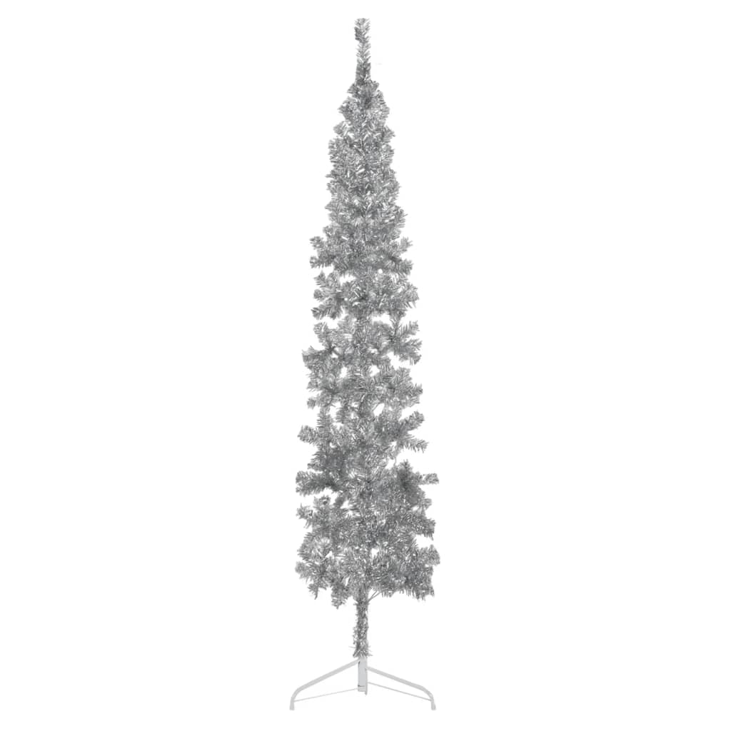vidaXL Jumătate brad de Crăciun subțire cu suport, argintiu, 210 cm