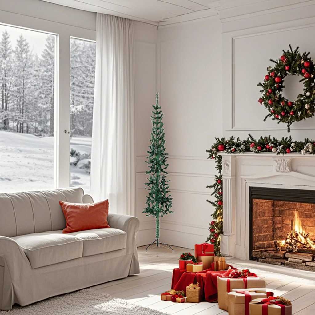 vidaXL Kunstkerstboom half met standaard smal 150 cm groen afbeelding