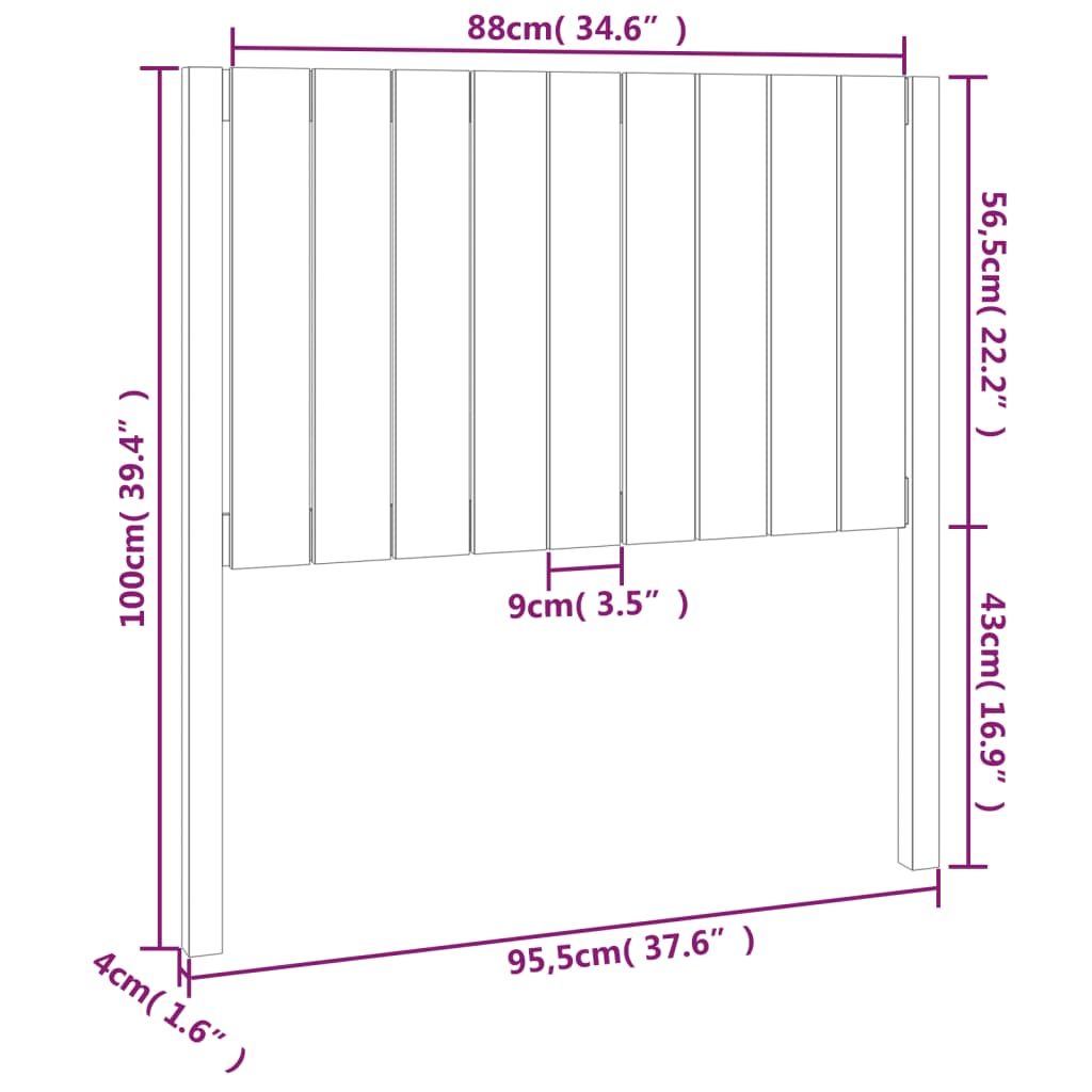 fekete tömör fenyőfa ágyfejtámla 95,5 x 4 x 100 cm