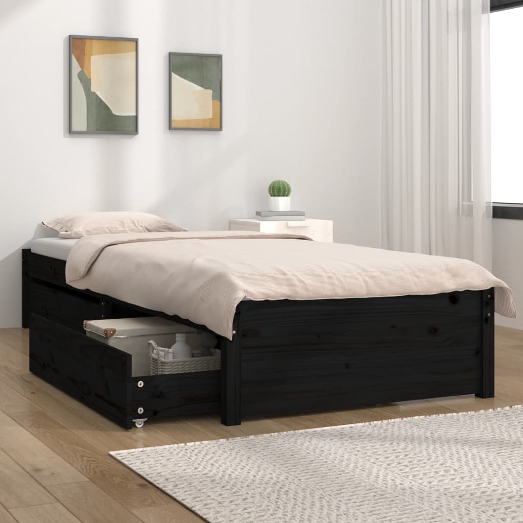 vidaXL Cadru de pat cu sertare Single 3FT, negru, 90x190 cm