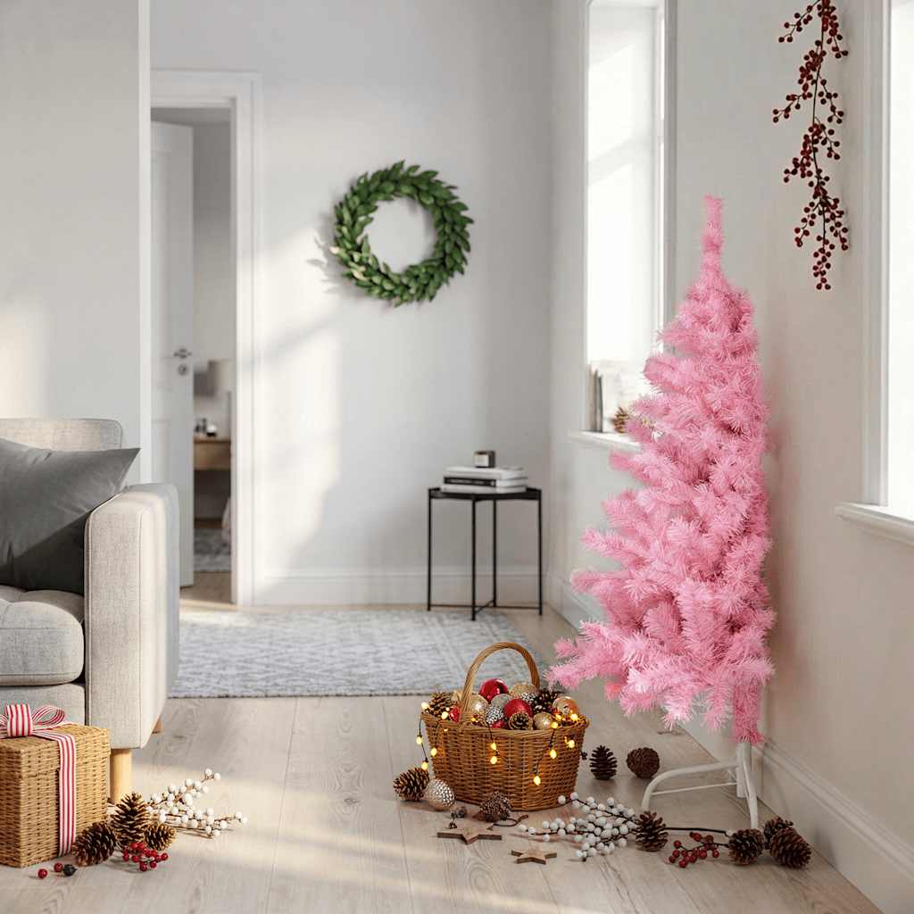 vidaXL Jumătate brad de Crăciun artificial cu suport, roz, 120 cm, PVC