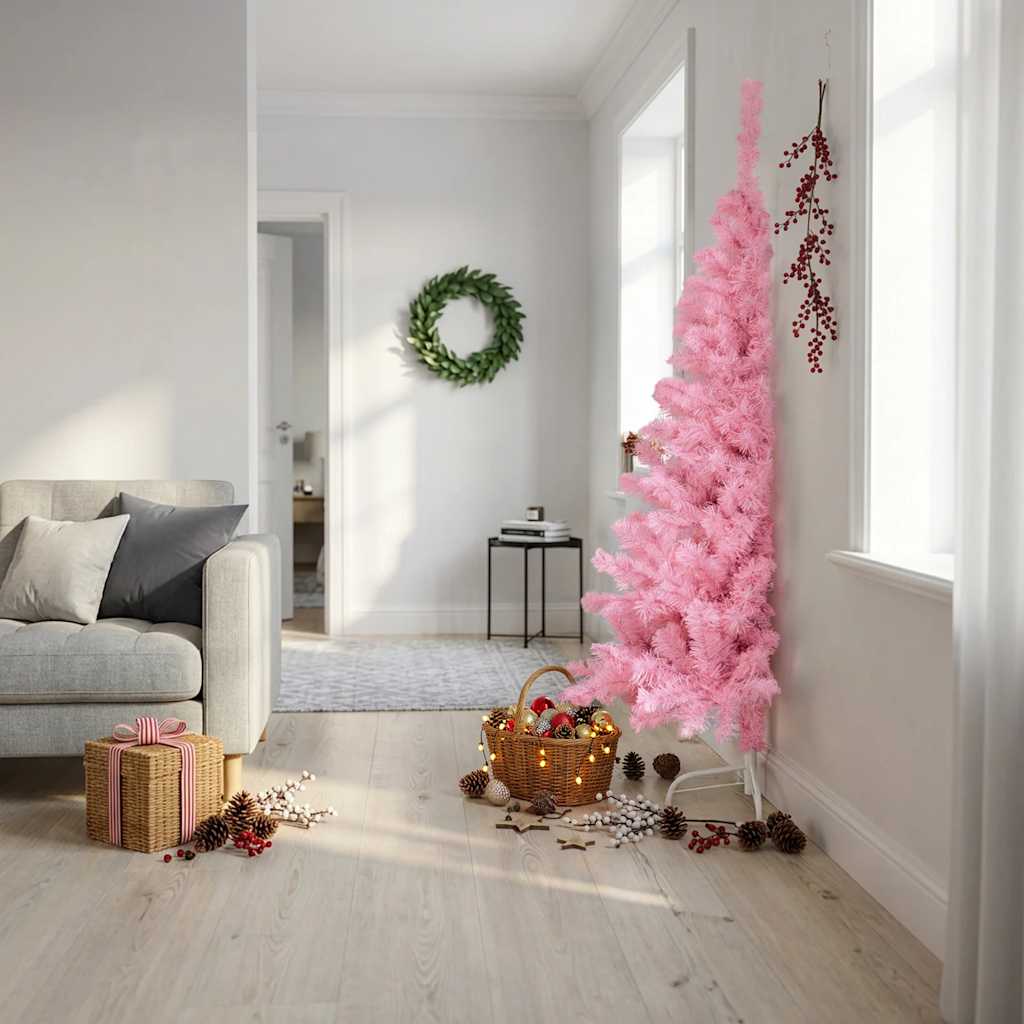 vidaXL Jumătate brad de Crăciun artificial cu suport, roz, 180 cm, PVC