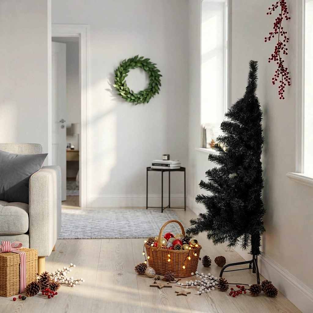 vidaXL Jumătate brad de Crăciun artificial cu suport, negru 120 cm PVC