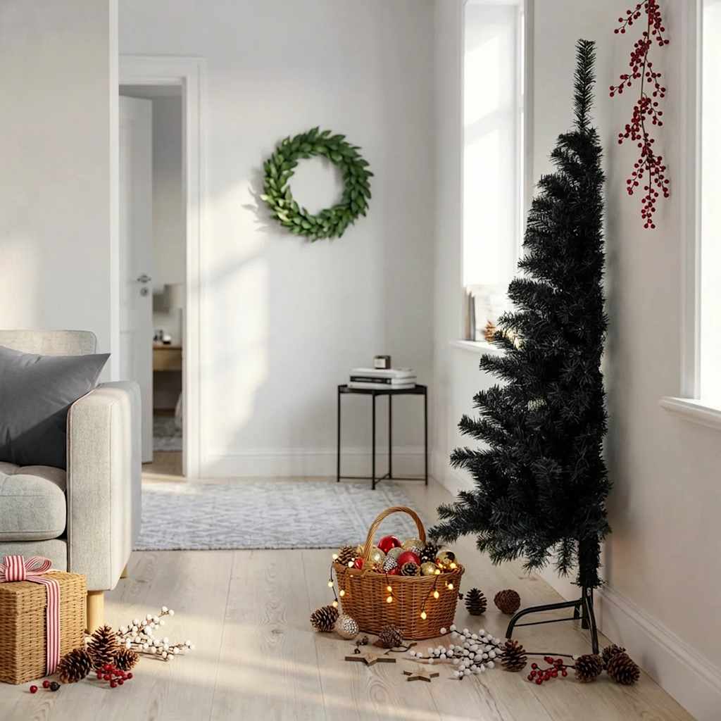 vidaXL Jumătate de brad de Crăciun cu suport, negru, 150 cm, PVC