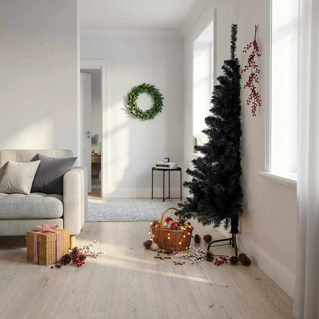 vidaXL Jumătate brad de Crăciun artificial cu suport, negru 180 cm PVC