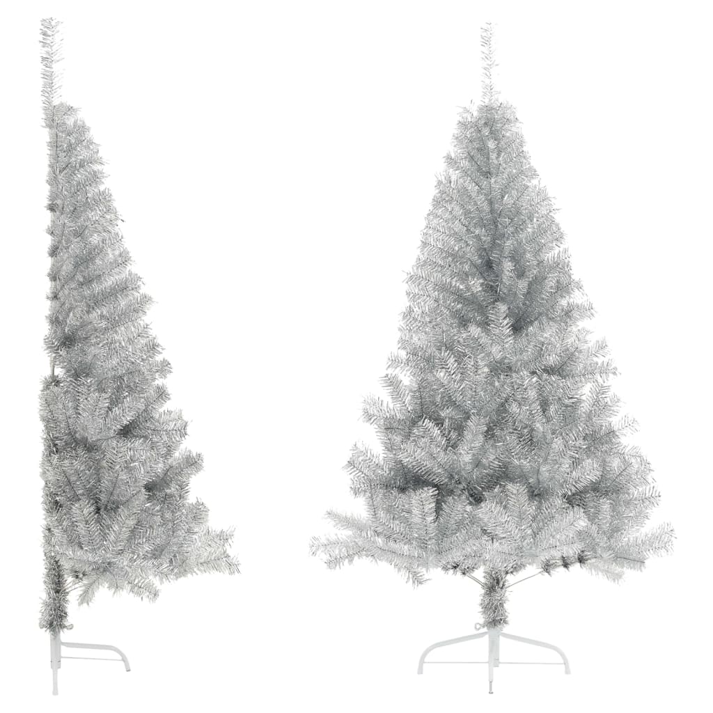 vidaXL kunstigt halvt juletræ med juletræsfod 150 cm PET sølvfarvet