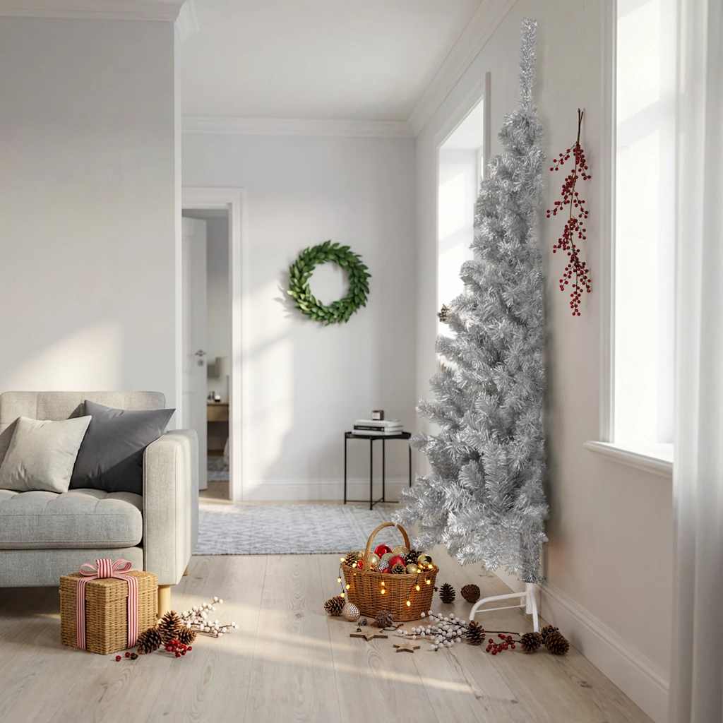 vidaXL Jumătate brad de Crăciun cu suport, argintiu, 210 cm, PET