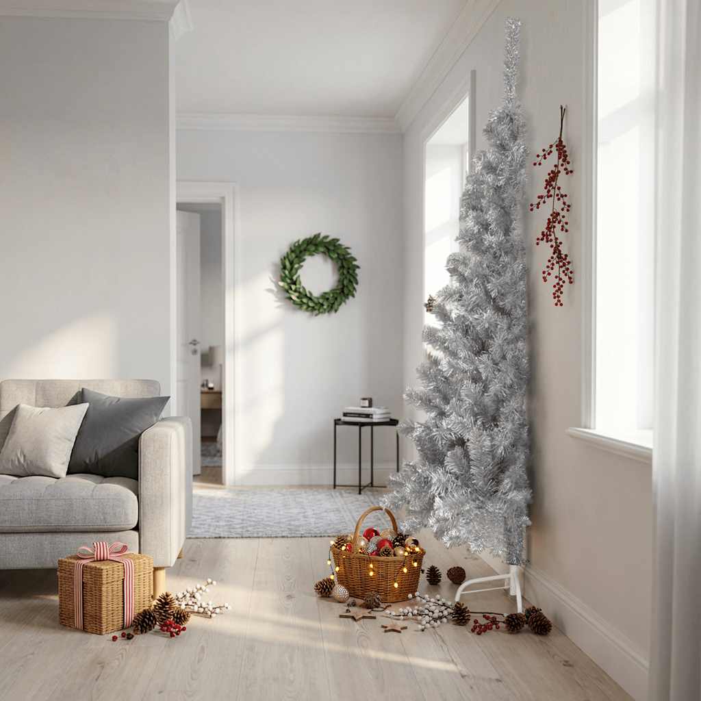 vidaXL Jumătate brad de Crăciun cu suport, argintiu, 240 cm, PET