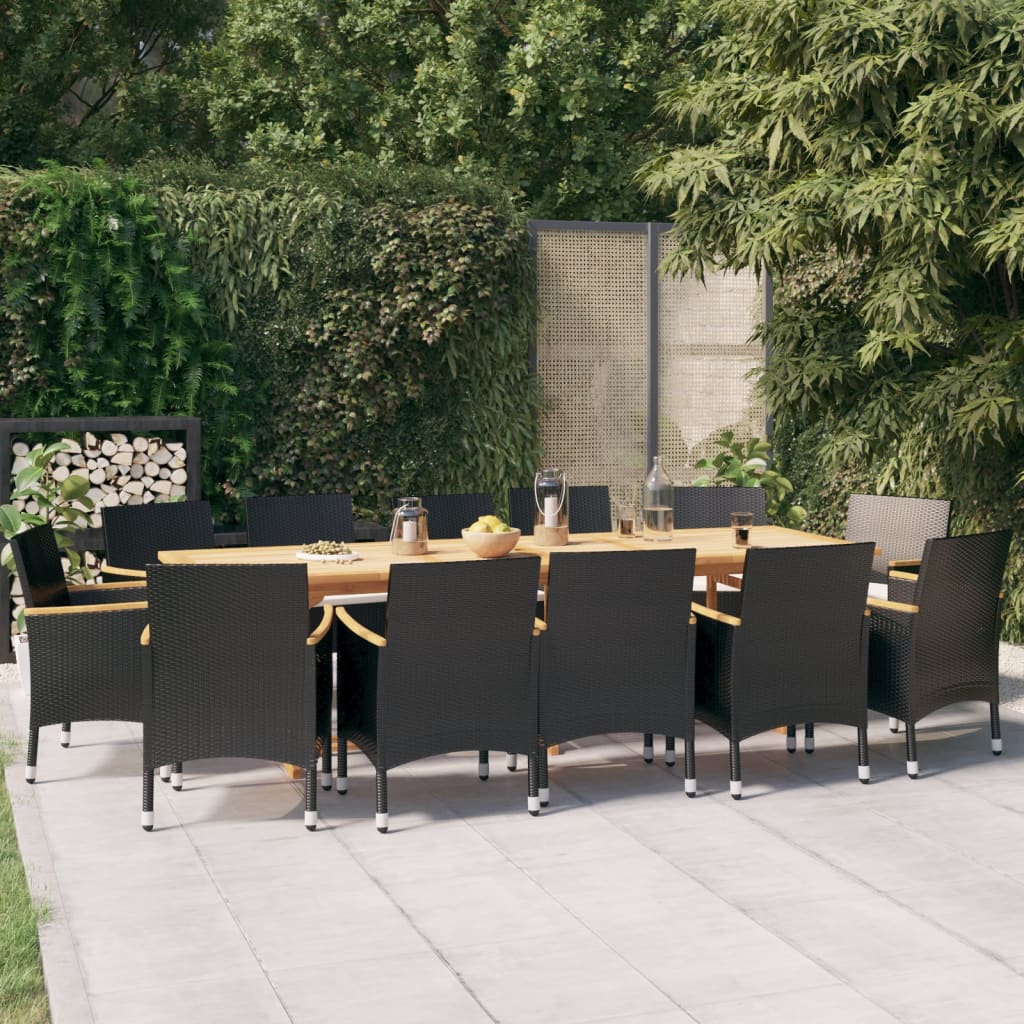 Zestaw mebli jadalnianych ogrodowych z drewnem akacjowym - 280x90x75 cm, czarne krzesła, kremowe poduszki