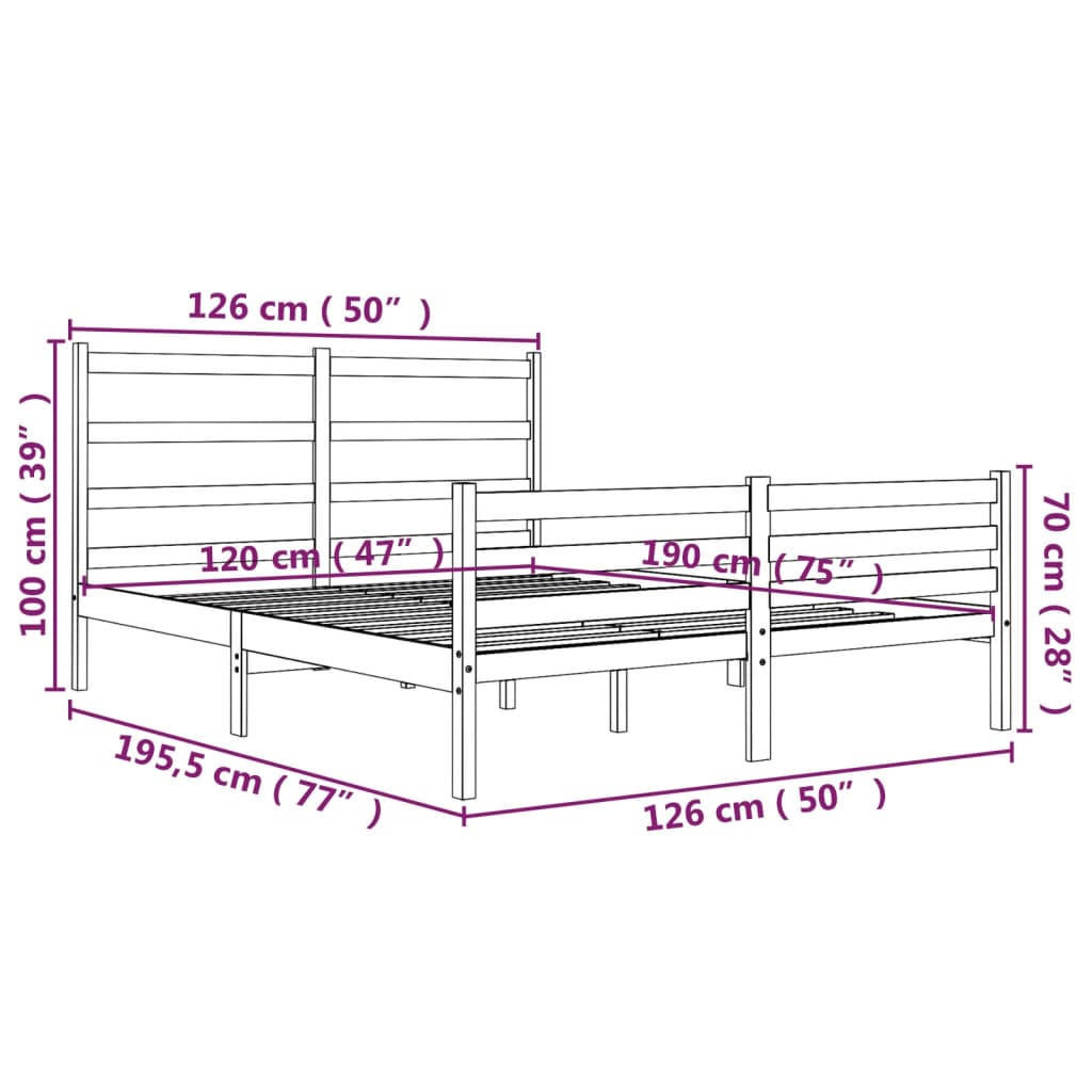 Cadru de pat mic dublu, alb, 120x190 cm, lemn masiv de pin