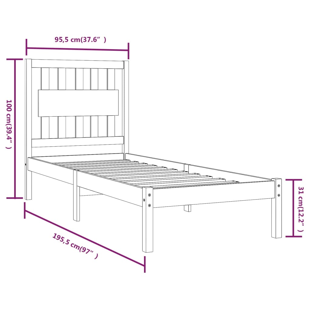 Cadru de pat single, alb, 90x190 cm, lemn masiv de pin