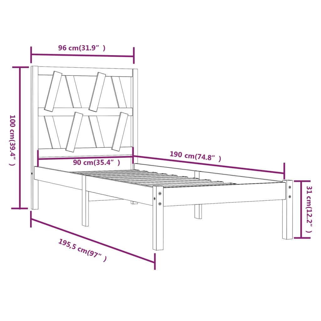 Cadru de pat single, alb, 90x190 cm, lemn masiv de pin