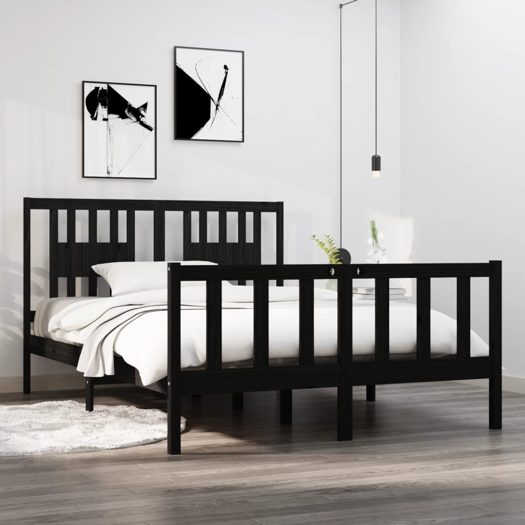 Cadre de lit Noir Bois massif 135x190 cm Double