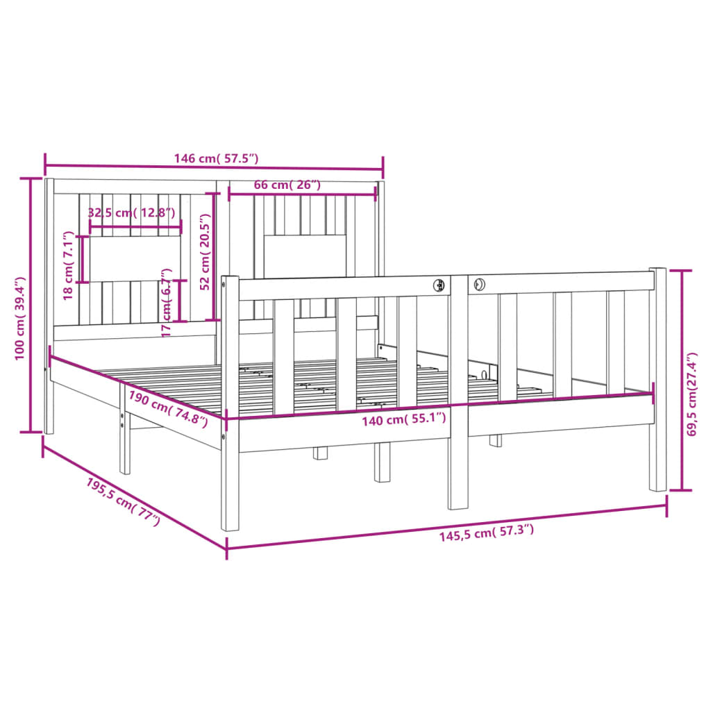 Posteljni okvir bel iz trdnega lesa 140x190 cm