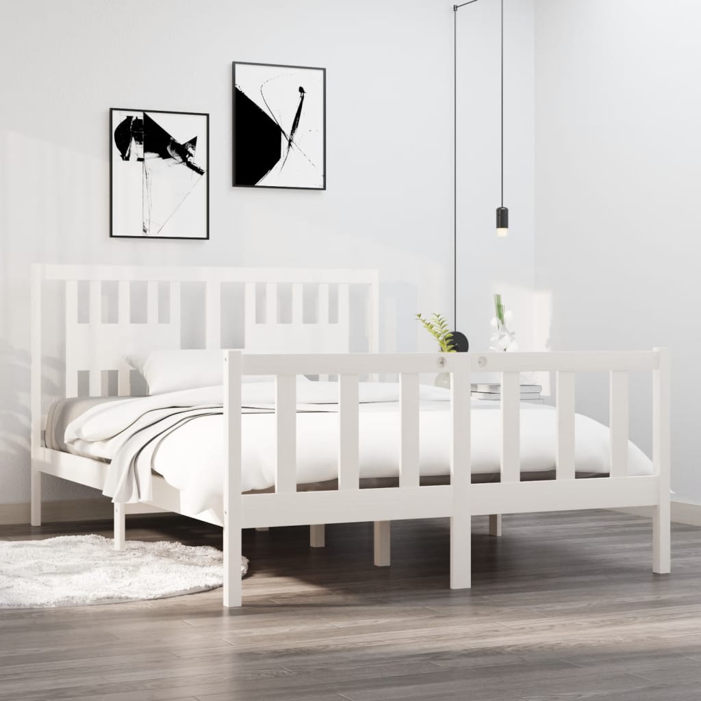 vidaXL Cadru pat, alb, 140×190 cm, lemn masiv 140x190 imagine noua