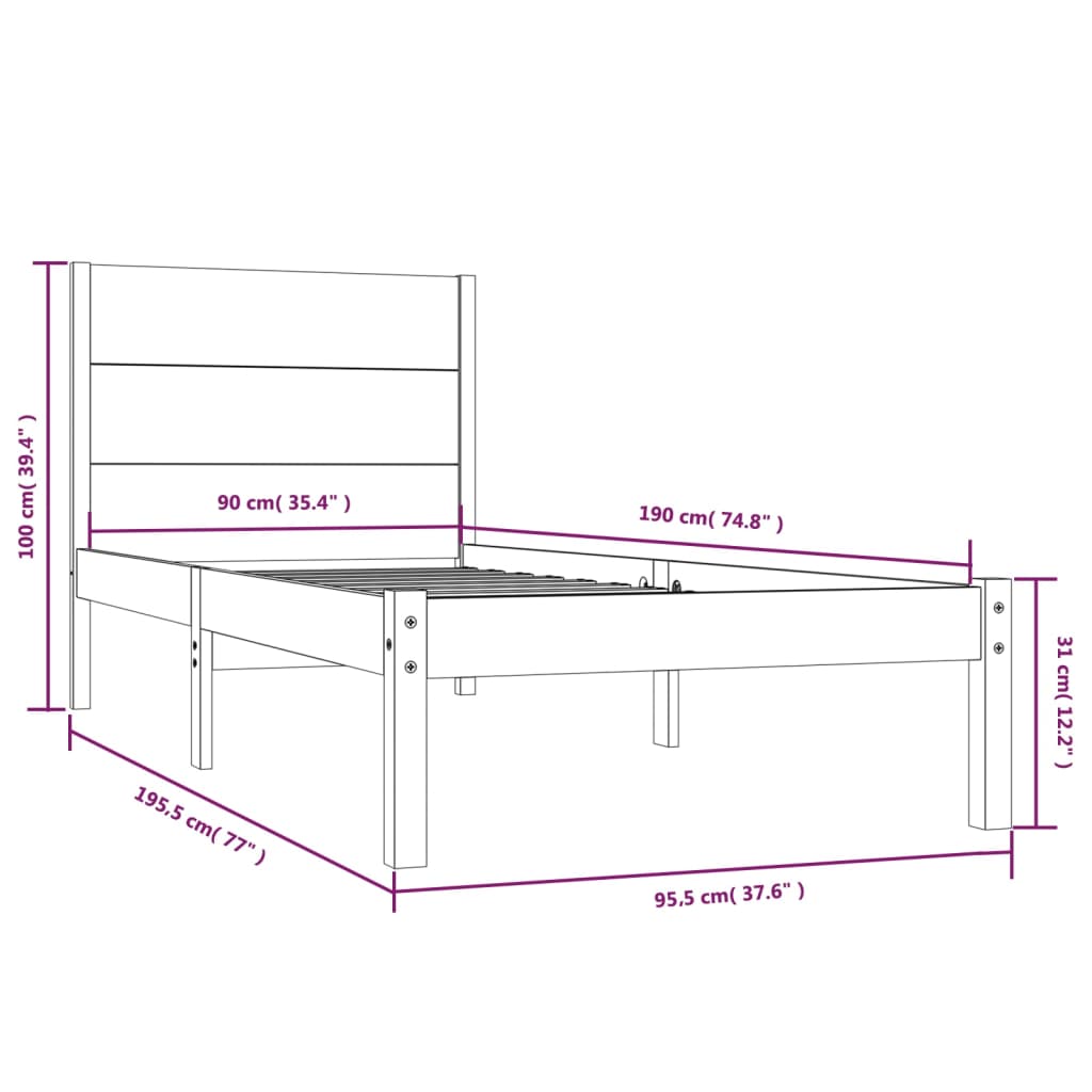 Cadru de pat single, 90x190 cm, lemn masiv