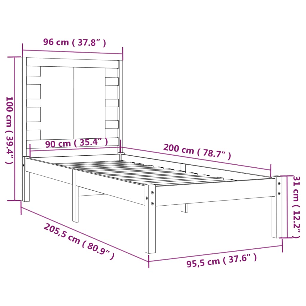 Posteljni okvir iz trdne borovine 90x200 cm