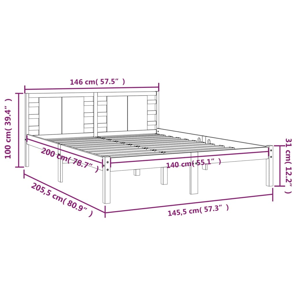 Cadru de pat, gri, 140x190 cm, lemn masiv de pin