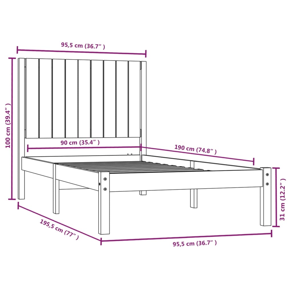 Cadru de pat single, alb, 90x190 cm, lemn masiv de pin