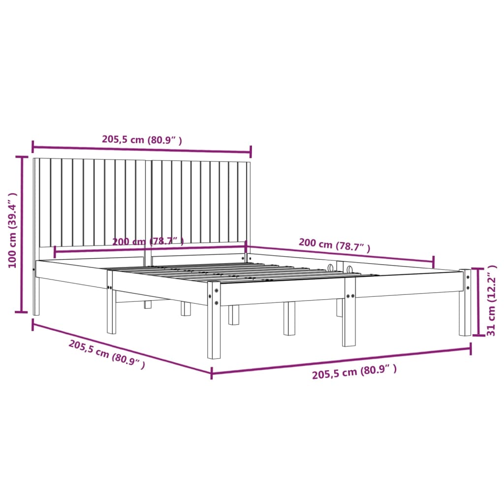 fekete tömör fenyőfa ágykeret 200 x 200 cm