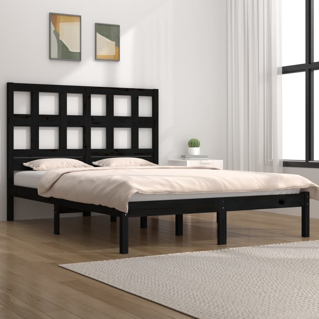 vidaXL Cadru de pat dublu 4FT6, negru, 135x190 cm, lemn masiv pin