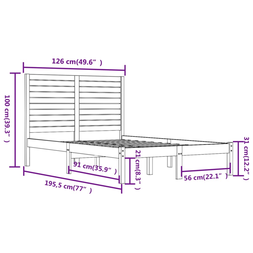 Cadru de pat mic dublu, negru, 120x190 cm, lemn masiv