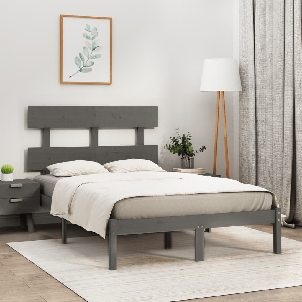 Rama łóżka, szara, lite drewno, 135x190 cm,4FT6, podwójna