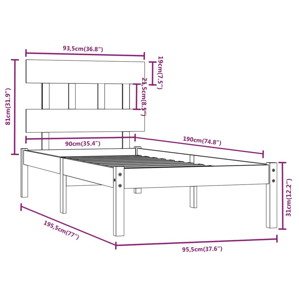 Cadru de pat single, alb, 90x190 cm, lemn masiv