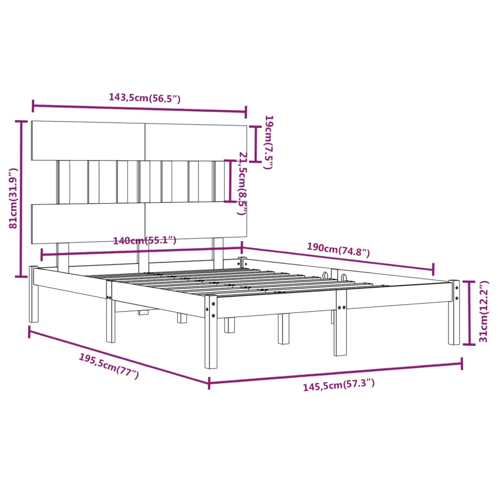 Posteljni okvir siv iz trdnega lesa 140x190 cm