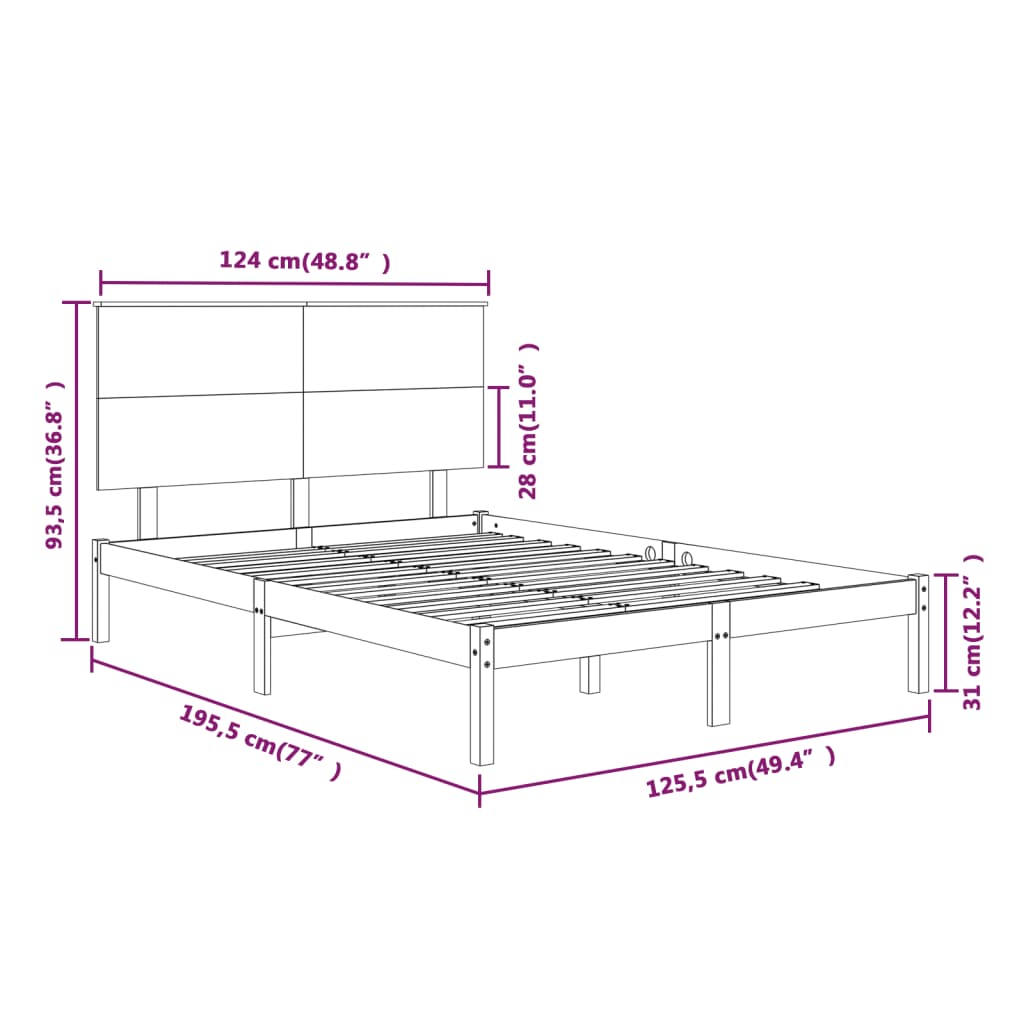 Cadru de pat mic dublu, alb, 120x190 cm, lemn masiv