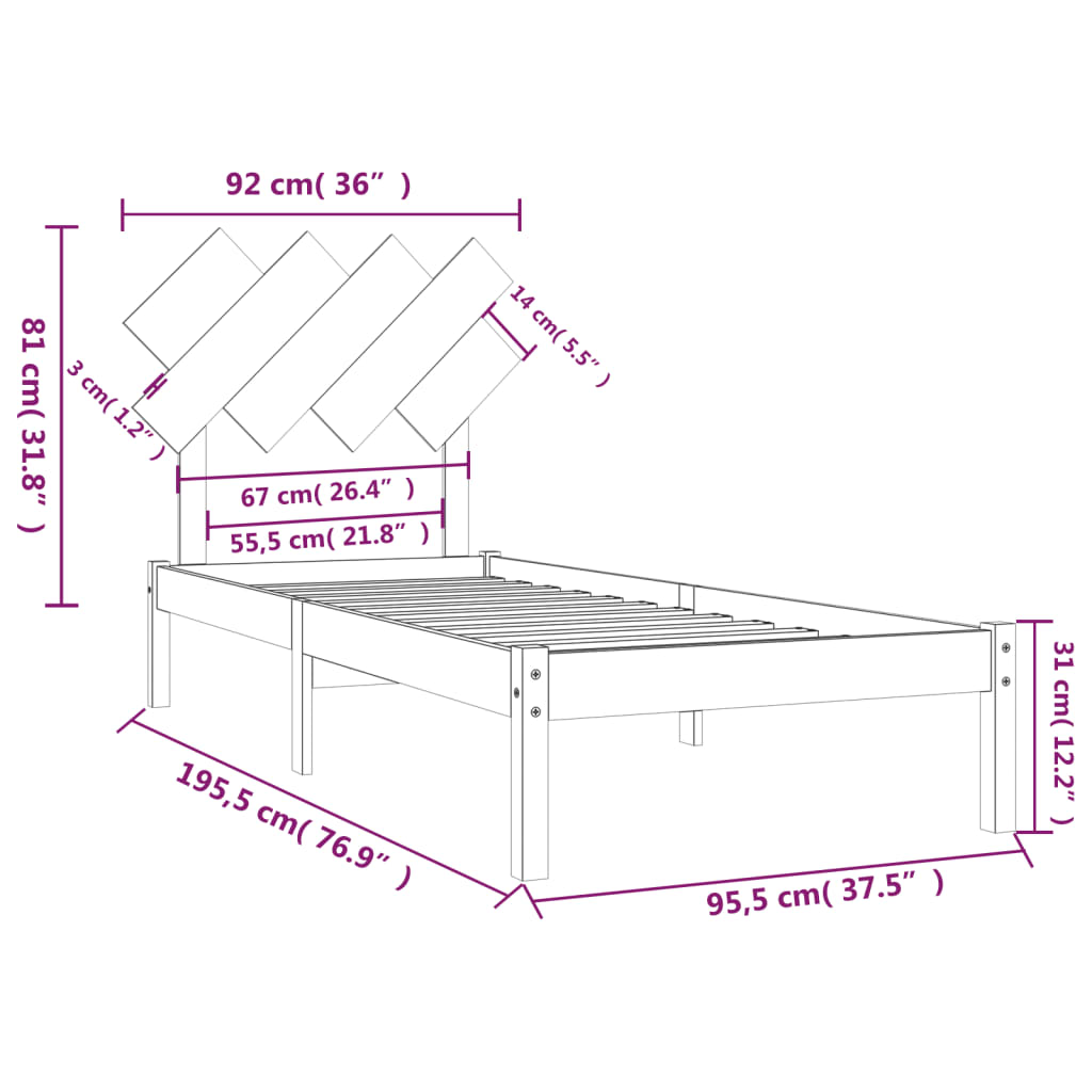 Cadru de pat Single 3FT, negru, 90x190 cm, lemn masiv