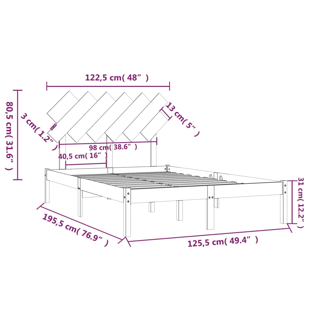 Cadru de pat mic dublu 4FT, alb, 120x190 cm, lemn masiv