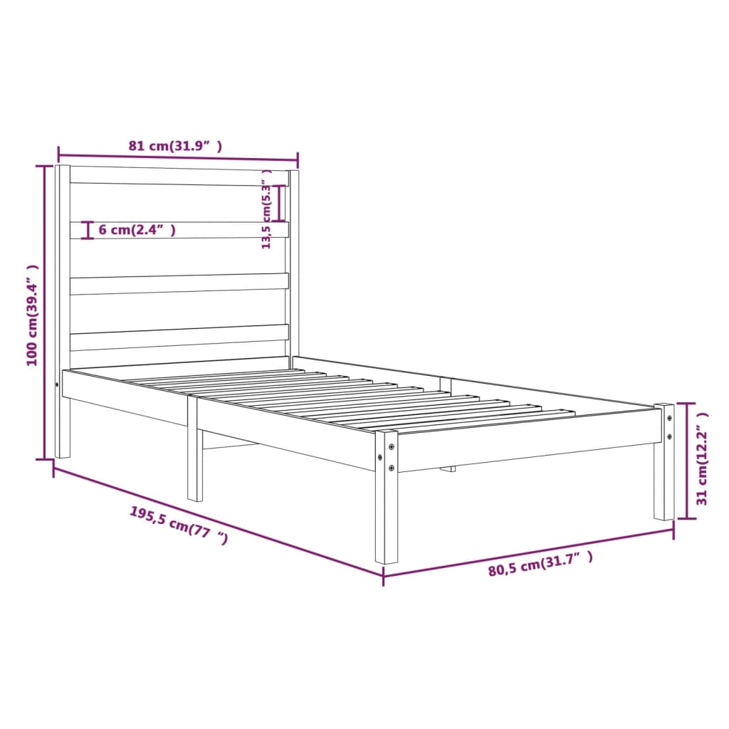 Cadru de pat mic single, 75x190 cm, lemn masiv