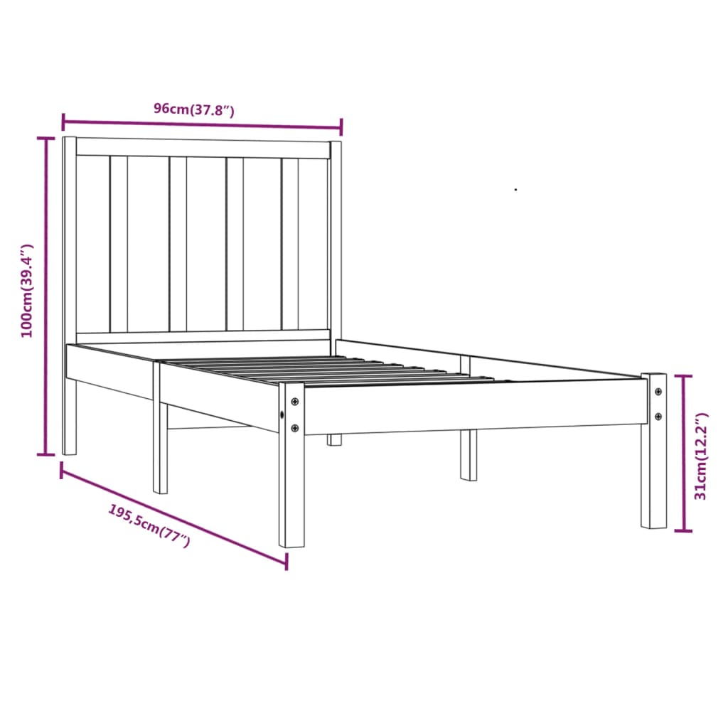 Cadru de pat single, alb, 90x190 cm, lemn masiv de pin